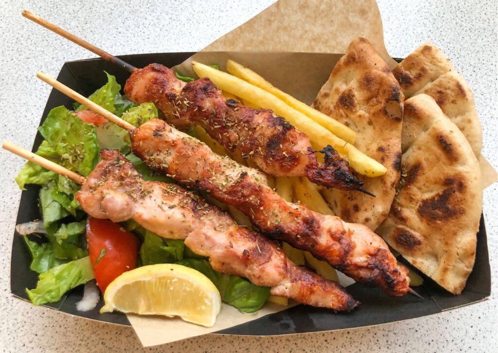 souvlaki skewers with pita fries and lettuce